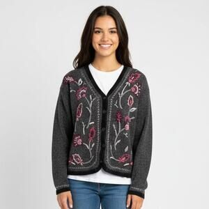 Vintage Lise J Embroidered Floral Cardigan Sweater Womens Size Large Gray Cotton